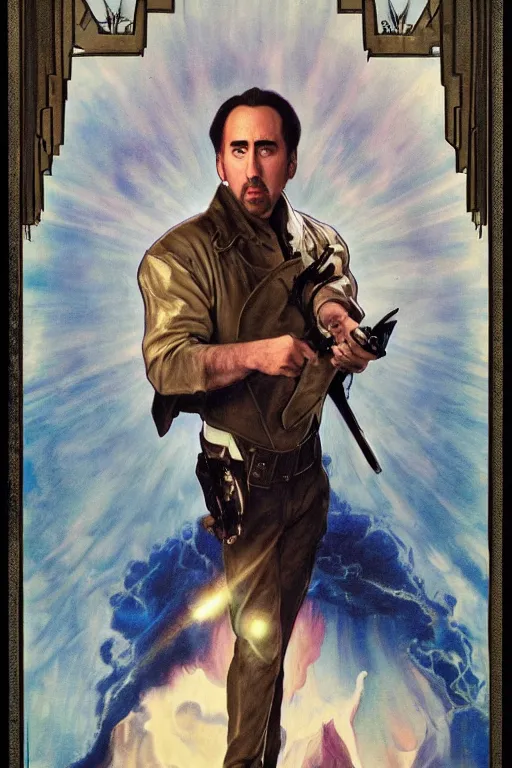 Prompt: a dramatic ethereal epic painting of nicolas cage as walker texas ranger | tarot card, art deco, art nouveau, realistic | detailed face, cinematic lighting | by Dresden Codak, by Mark Maggiori and Alphonse Mucha | trending on artstation