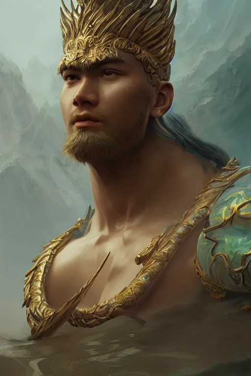 Image similar to young male sea god of the vietnamese, highly detailed, digital painting, artstation, concept art, smooth, sharp focus, illustration, unreal engine 5, 8 k, art by artgerm and greg rutkowski and edgar maxence