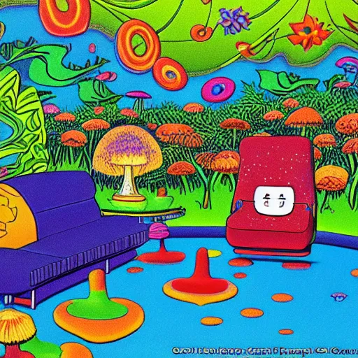 Prompt: psychedelic trippy couch in the lush forest, planets, flowers, mushrooms milky way, sofa, cartoon by carl barks