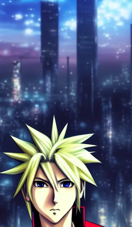 Image similar to anime fine details portrait of Cloud Strife in front of cyberpunk moder city landscape on the background deep bokeh, close-up view, anime masterpiece by Studio Ghibli. 8k, sharp high quality anime, artstation