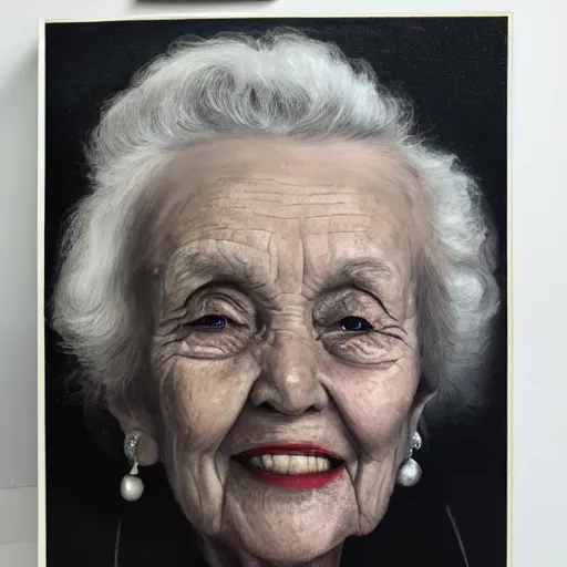 Prompt: A photo of a portrait of a 95 year old lady, black background , trending on Art Station, high detailed, photorealistic