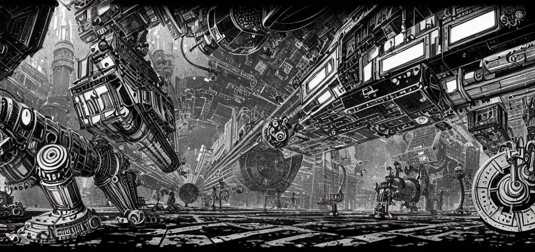 Prompt: steampunk mech tiled floor, one point perspective, high details, line art, by vincent di fate and joe fenton, inking, screen print, masterpiece, trending on artstation, sharp,, hyper - detailed, hd, 4 k, 8 k