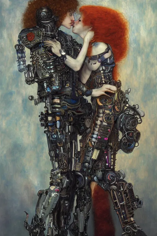 Image similar to portrait of two beautiful young gothic cyborg maidens kissing, cyberpunk, Warhammer, highly detailed, artstation, illustration, art by Gustav Klimt