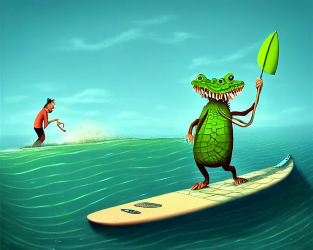 Image similar to a crocodile surfing on a longboard, tube wave, funny cartoonish, by gediminas pranckevicius h 7 0 4