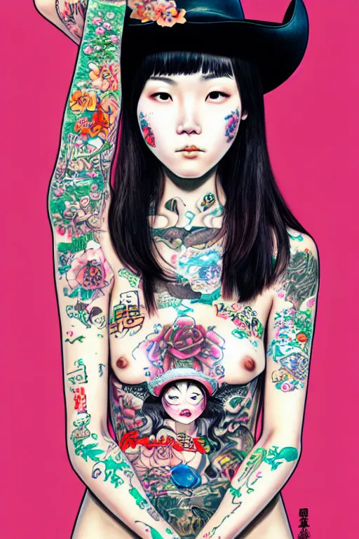 Image similar to full view of taiwanese girl with tattoos wearing cowboy hat, style of yoshii chie and hikari shimoda and martine johanna, highly detailed