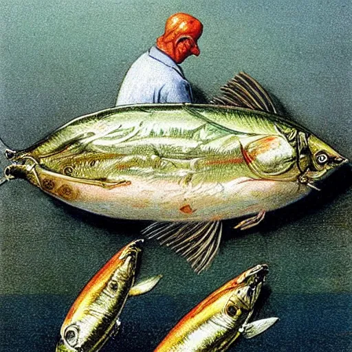 Image similar to sardine in a can, extremely detailed masterpiece, illustration, colorful, by michael sowa and craig brunmfield,