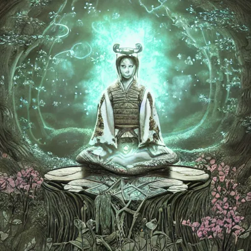 Prompt: magical samurai floating meditating in enchanted forest, digital art, surreal, beautiful, detailed, highly detailed, intricate, powerful warrior, glowing, prismatic, pearlescent