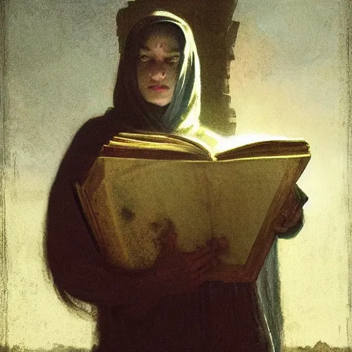 Image similar to half portait of magican wearing a closed cowl and big old book! chained to the wrist, jeremy mann, jean - leon gerome, tiepolo, alphonse mucha, greg rutkowski, face in the shadows, ( ( ruins of ancient rome ) ), at dusk, mysterious atmosphere, sunrays, dof, high detailed, 8 k