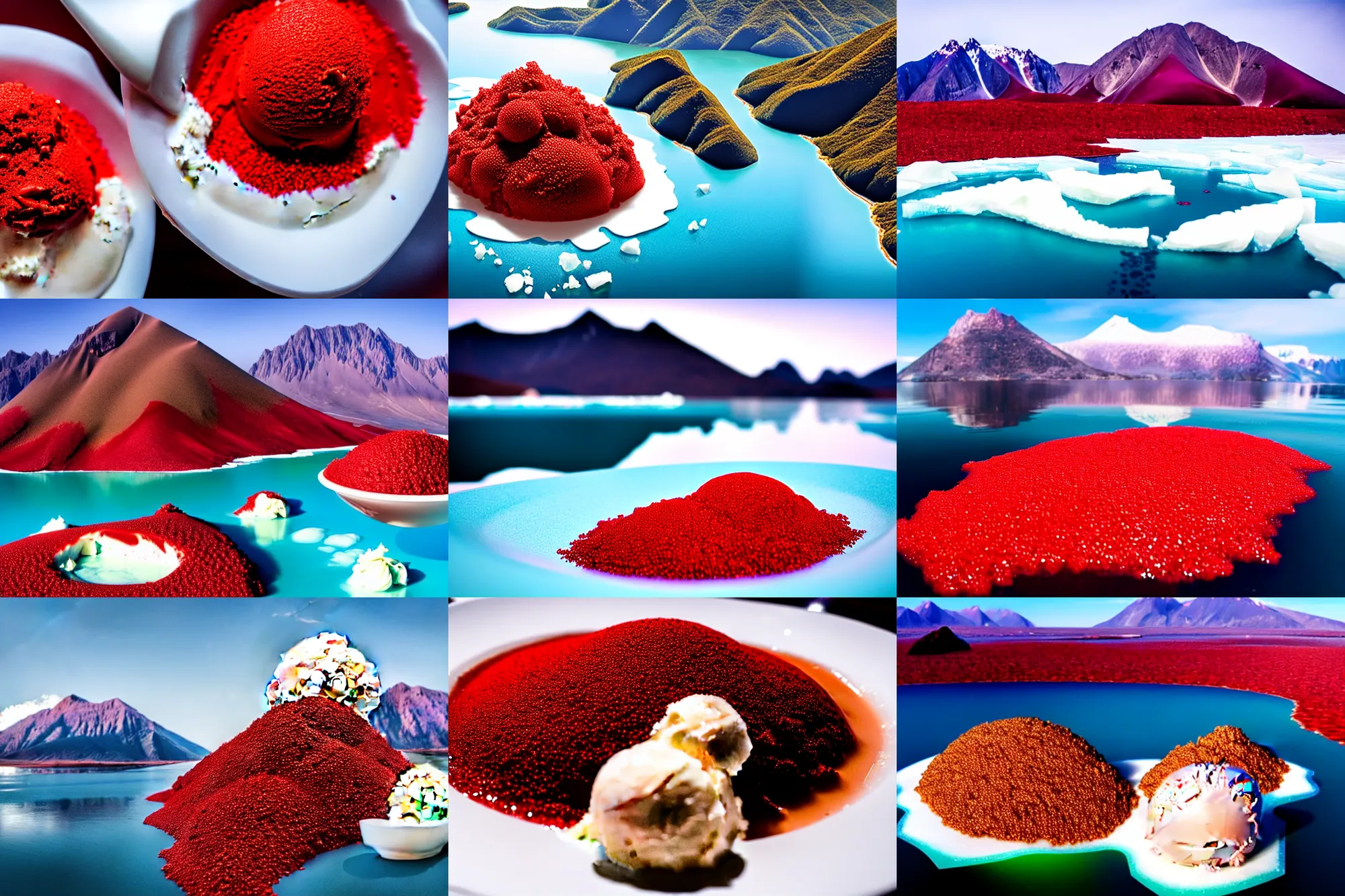 Image similar to a large island of red caviar and ice cream and brown water in the center of which there are mountains with ice cream