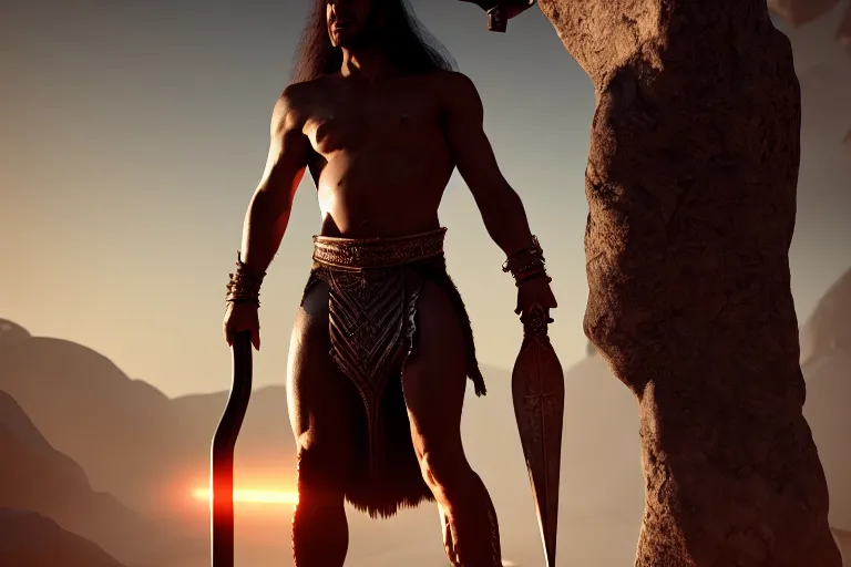 Prompt: biblical cain holding a lance, volumetric lighting, epic composition, hyper detailed, ultra realistic, sharp focus, octane render, volumetric, ray tracing, artstation trending, inspired by conan the barbarian, sense of awe, 4 k