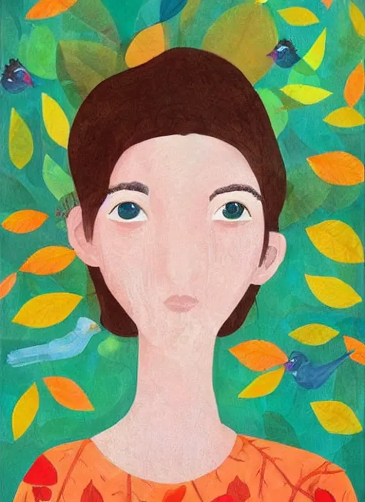 Image similar to a wonderful childrens illustration book portrait painting of a woman, art by tracie grimwood, trees, many leaves, birds, whimsical, aesthetically pleasing and harmonious natural colors