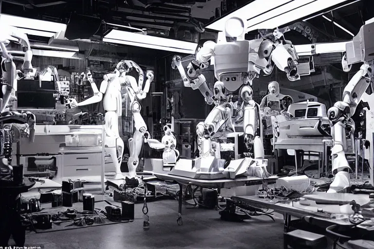 Image similar to a futuristic film studio with robot technicians preparing a scene by Stanley kubrick, sci-fi, color vibe, reimagined by industrial light and magic