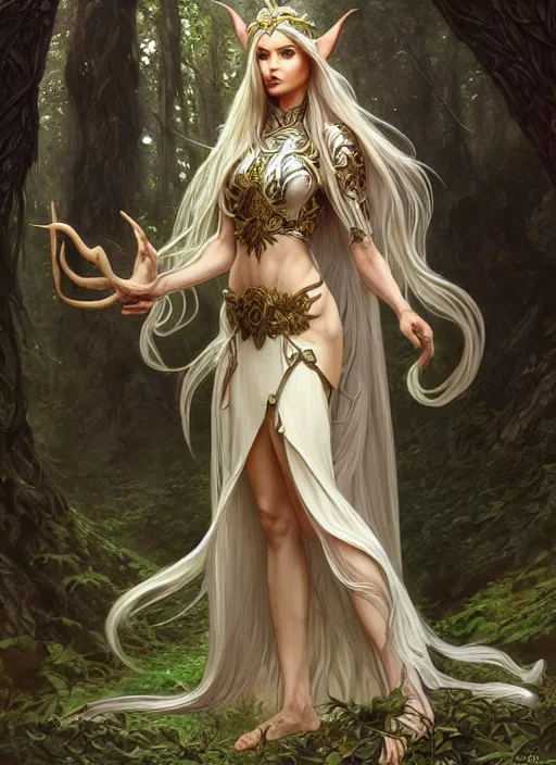 Image similar to full body of a fantasy elf female sorceress queen with long hair flowing in an ancient forest filled with magic, highly detailed, digital painting, artstation, smooth, sharp focus, illustration, art by artgerm and greg rutkowski and alphonse mucha, intricate dress, fine face