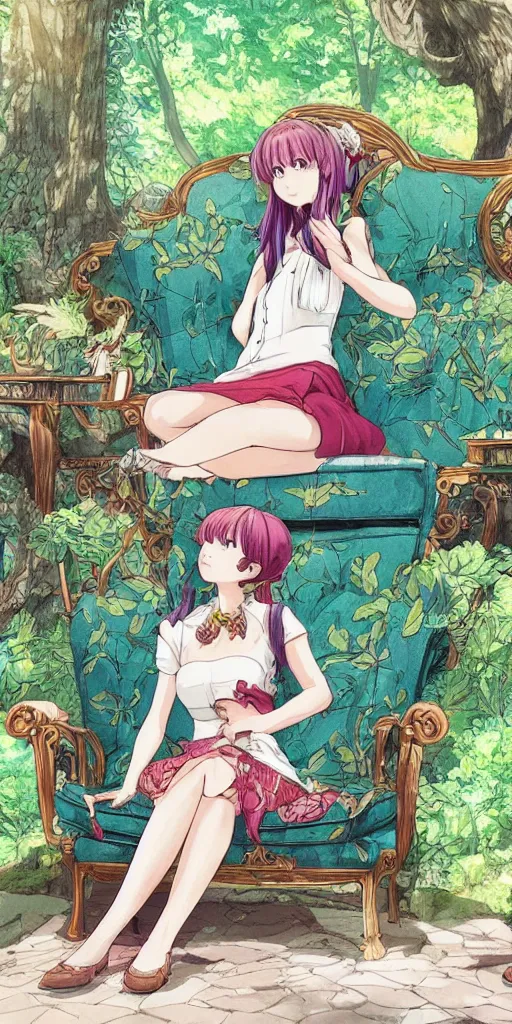 Prompt: a queen of good vibes sitting by herself on a sofa in a forest, drawn by CloverWorks, intricate detail