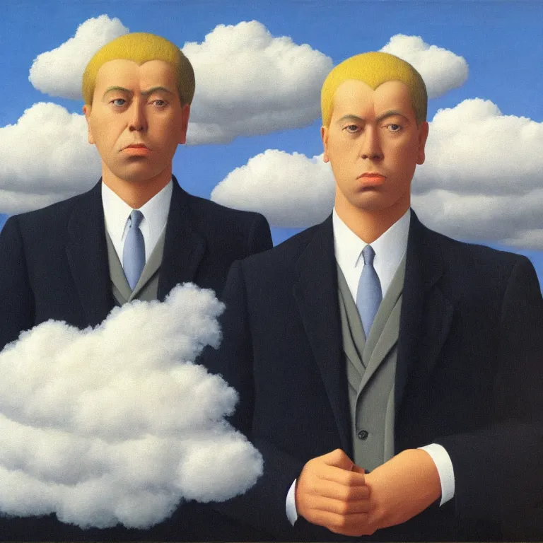 Prompt: portrait of a man in a suit, his face is fully hidden by the passing cloud, by rene magritte, detailed painting, hd, hq, high resolution, high detail, 4 k, 8 k