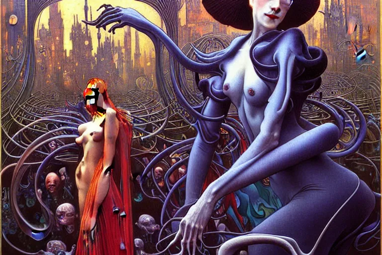 Image similar to realistic extremely detailed portrait painting of an elegant vampire in a crowded futuristic street, detailed alien crowd by Jean Delville, Amano, Yves Tanguy, Alphonse Mucha, Mark Brooks, Ernst Haeckel, Edward Robert Hughes, Roger Dean, rich moody colours, blue eyes