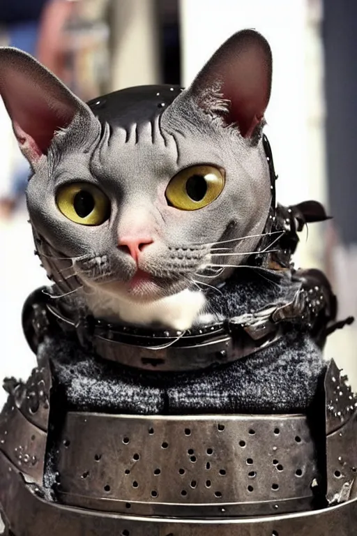 Image similar to hairless cat wearing samurai armor, subtle detail, beautiful