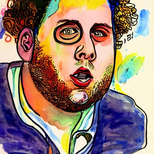 Image similar to jonah hill, stylized. Watercolor and ink. 1980s.