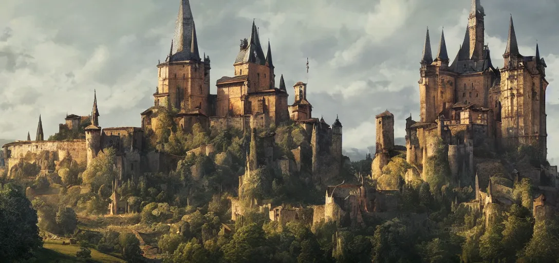 Image similar to castle with pointed spires, lourmarin, landscape, alex ross, eddie mendoza, raphael lacoste, sebastian ludke, concept art, matte painting, highly detailed, rule of thirds, dynamic lighting, cinematic, detailed, magnificiant landscape, denoised, centerd