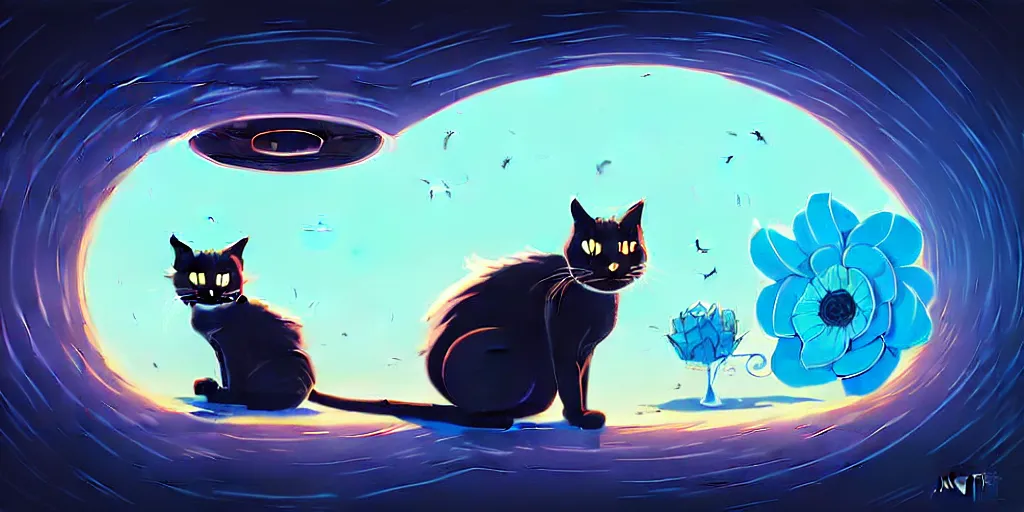 Image similar to curved perspective, extreme narrow, extreme fisheye, digital art of a big female black cat with white spot with blue flower by anton fadeev from nightmare before christmas