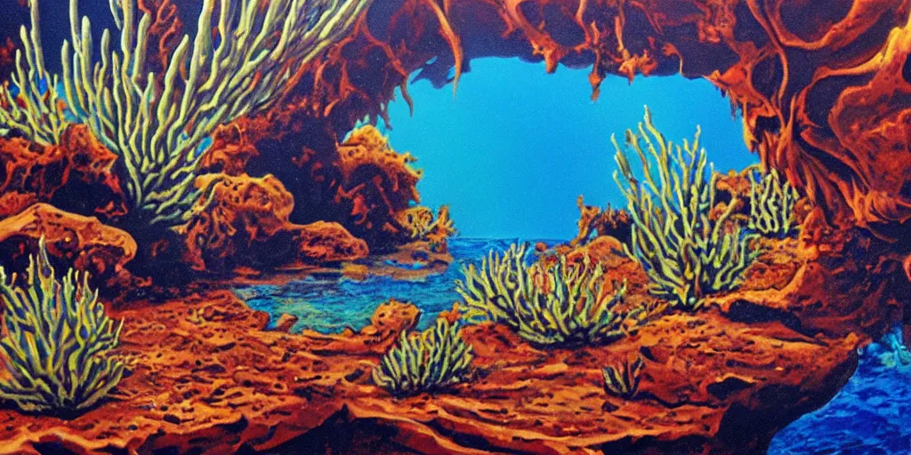 Image similar to a desert underwater super detailed acrylic painting, movie poster 7 0's