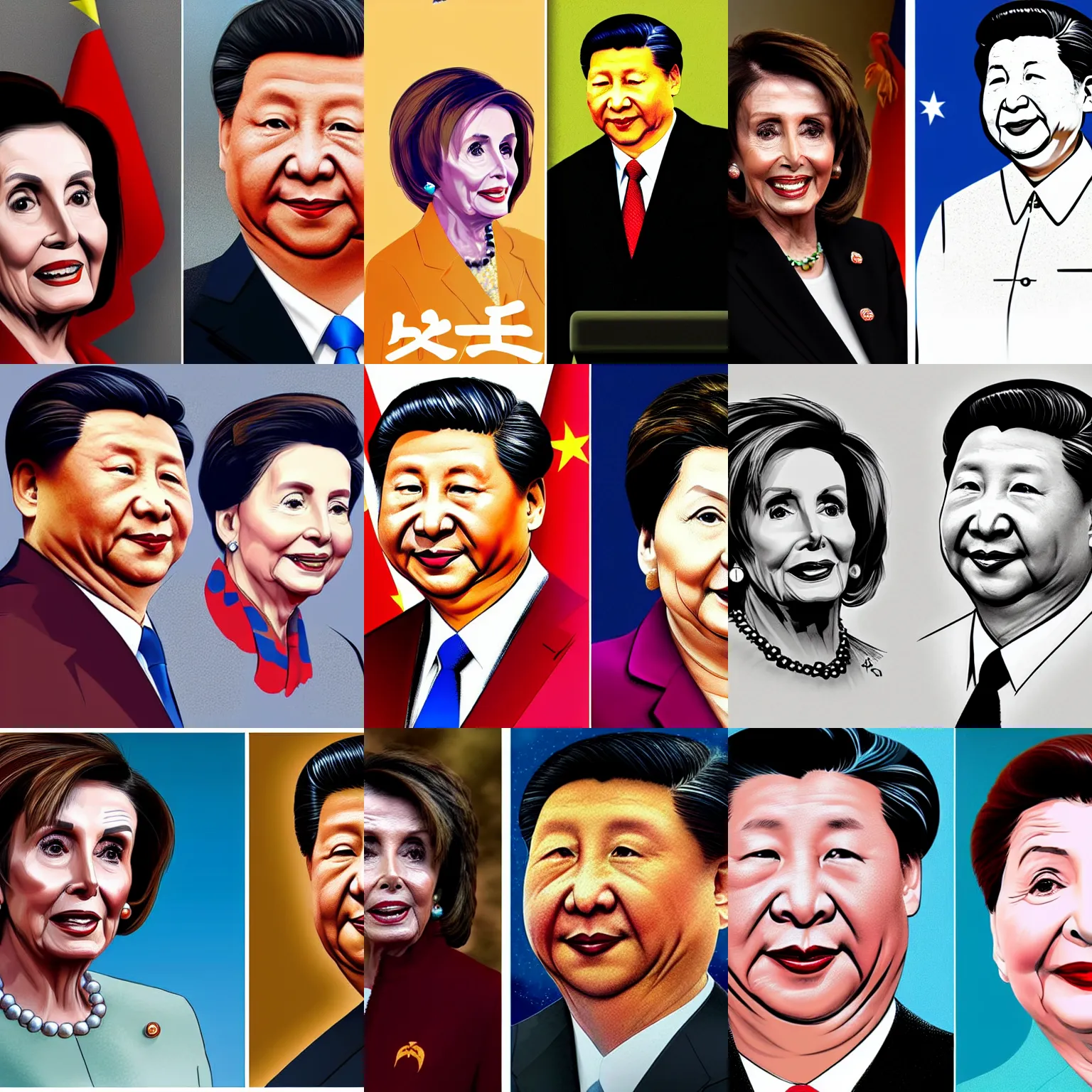 Prompt: nancy pelosi and xi jinping, detailed portrait by fiona staples