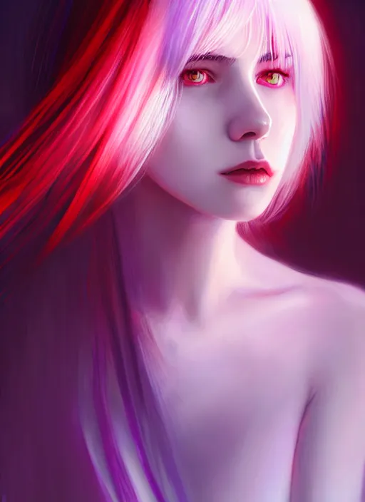 Image similar to hair whitebangs hair, black hair, whitebangs, portrait of teenage girl with white bangs, red irises, purple clothes, white bangs, bangs are different color from hair, intricate, elegant, glowing lights, highly detailed, digital painting, artstation, concept art, smooth, sharp focus, illustration, art by wlop, mars ravelo and greg rutkowski