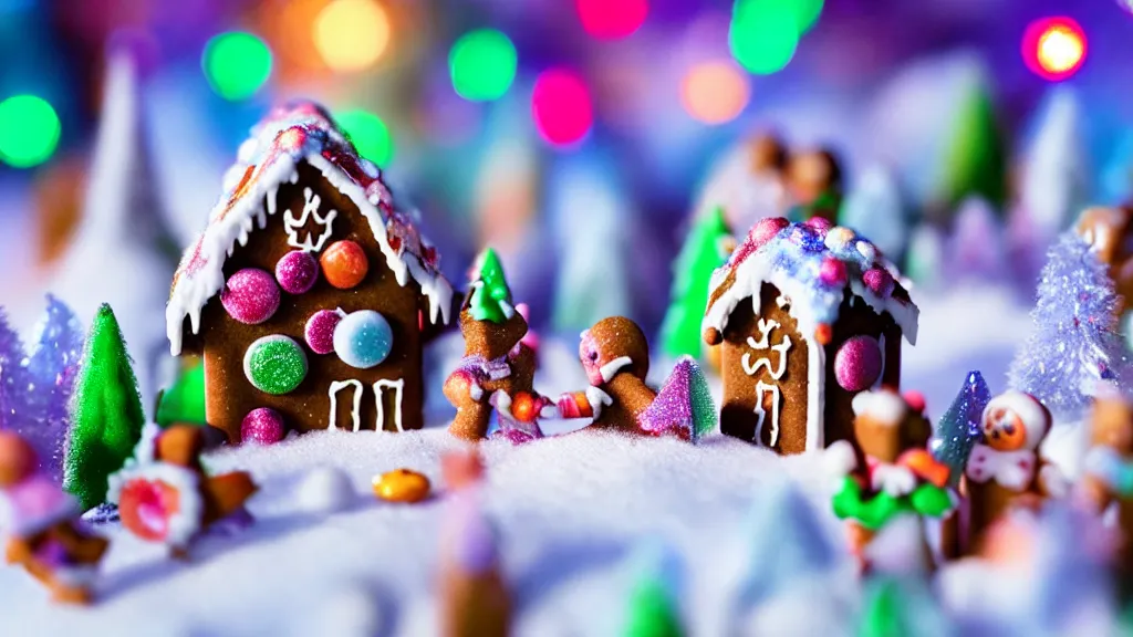 Image similar to closeup of miniature gingerbread candy village, colorful, fantasy, fairytale, forest, halloween, snow, bokeh, depth of field 1 0 0 mm, cinematic scene, studio quality, unreal engine, octane render, trending on artstation, artgerm, cgsociety