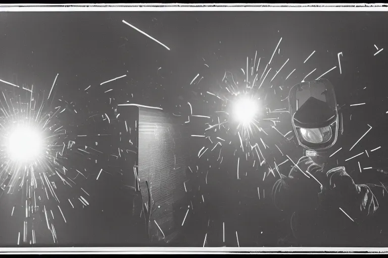 Prompt: welder in welding mask in a berlin dance club, ominous lighting, by richard avedon, tri - x pan stock