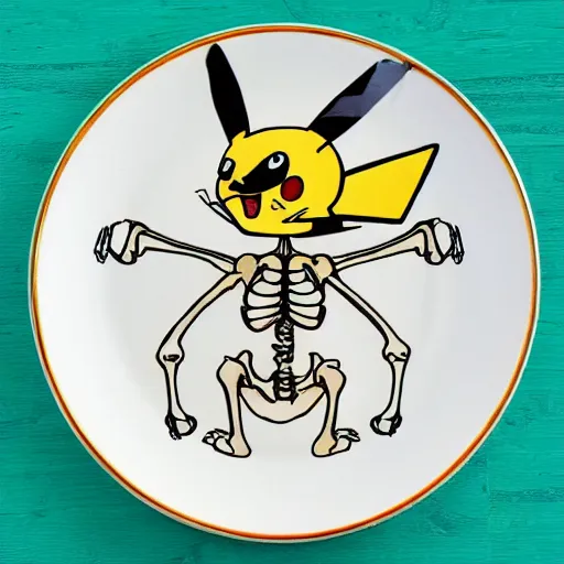 Prompt: the skeleton of pikachu on a plate