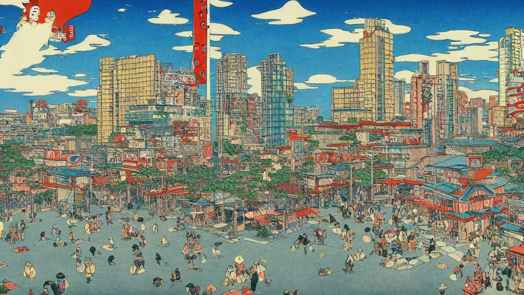 Image similar to Jollibee City, cityscape, wide shot, illustration, HD, by Moebius, Renoir, Hokusai