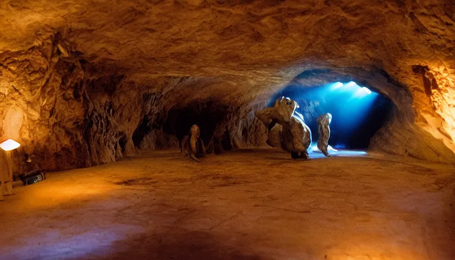 Image similar to 1990s candid 35mm photo of a beautiful day in the living room, cinematic lighting, cinematic look, golden hour, a cave opening reveals a large absurd looking creature from another dimension, UHD