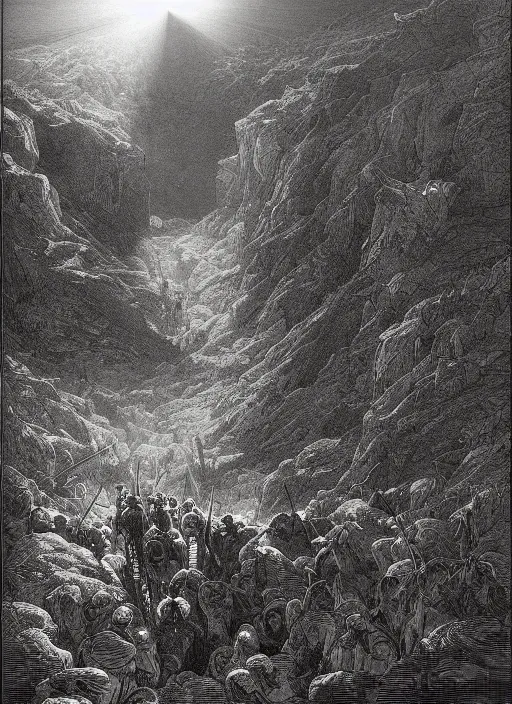 Prompt: battle in the epic valley, shaft of light, high contrast, gustave dore