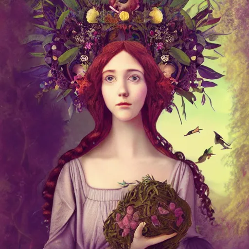 Prompt: a detailed portrait of young woman in renaissance dress and a surreal renaissance headdress, very surreal garden, cyberpunk, surreal tea party, birds, nature, strange creatures, by christian schloe and botticelli, naotto hattori, amy sol, roger dean, moody colors