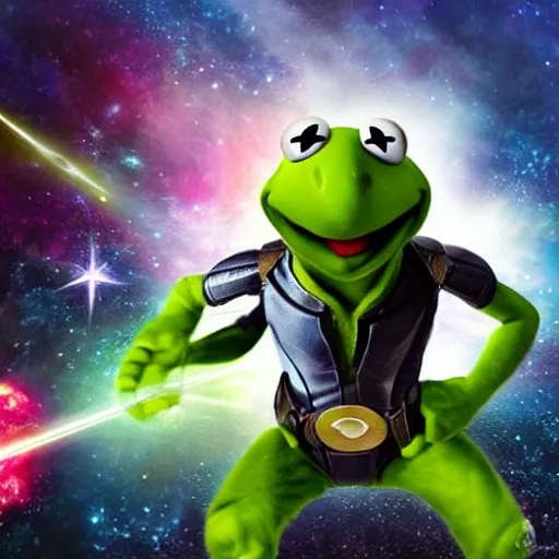 Image similar to the avengers battle one kermit the frog in space, galaxy, hd, 8 k, explosions, gunfire, lasers, giant, epic, showdown, colorful, realistic photo, unreal engine, stars, prophecy, epic oil painting, powerful, diffused lighting, destroyed planet, debris, justice league, movie poster, violent,