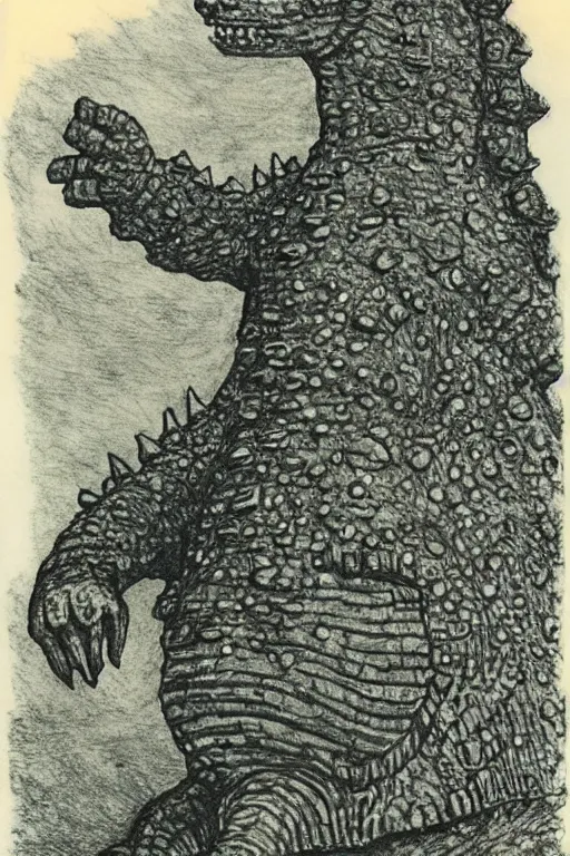 Prompt: godzilla wearing a crown, by maurice sendak