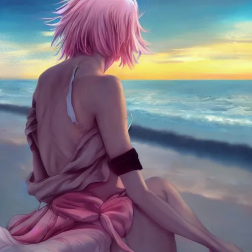 Image similar to anime girl with pink hair watching sunset, by lise deharme,