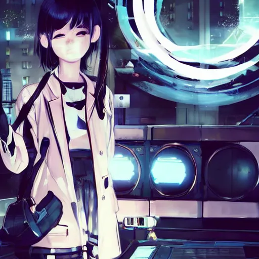 Image similar to Frequency indie album cover, luxury advertisement, white and navy colors. highly detailed post-cyberpunk sci-fi close-up schoolgirl in asian city in style of cytus and deemo, mysterious vibes, by Ilya Kuvshinov, by Greg Tocchini, nier:automata, set in half-life 2, beautiful with eerie vibes, very inspirational, very stylish, with gradients, surrealistic, postapocalyptic vibes, depth of filed, mist, rich cinematic atmosphere, perfect digital art, mystical journey in strange world, bastion game, arthouse