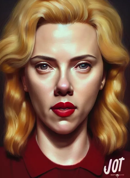 Image similar to twin peaks movie poster art, portrait of scarlett johansson, from scene from twin peaks, clean, simple illustration, nostalgic, domestic, highly detailed, digital painting, artstation, concept art, smooth, sharp focus, illustration, artgerm, donato giancola, joseph christian leyendecker, wlop