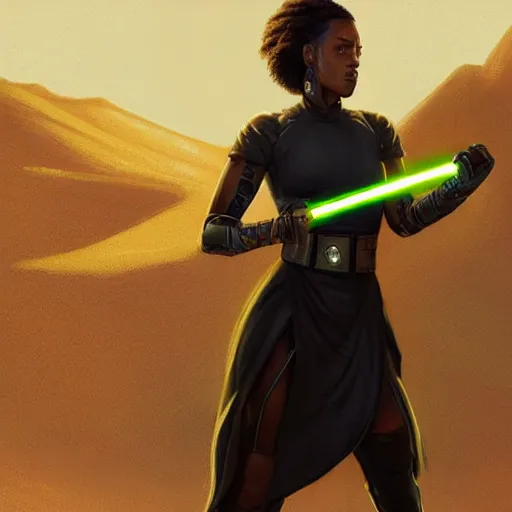 Prompt: A beautiful black female jedi with a yellow lightsaber in a fighting stance, in the background is a desert village, intricate, elegant, highly detailed, digital painting, artstation, concept art, smooth, sharp focus, illustration, art by artgerm and greg rutkowski