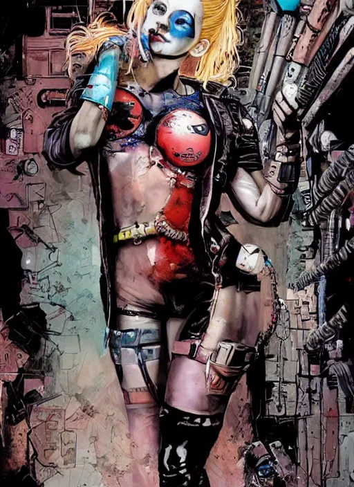 Image similar to a dream portrait of cyberpunk Harley Quinn in post apocalyptic Gotham art by Paul Dini, Travis Charest, Simon Bisley, centered in frame