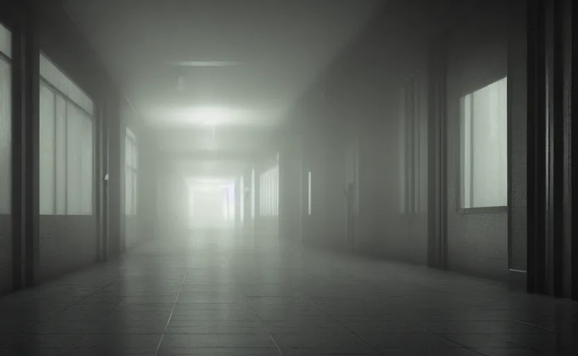 Prompt: hspital hallway, gloomy and foggy atmosphere, octane render, artstation trending, horror scene, highly detailded