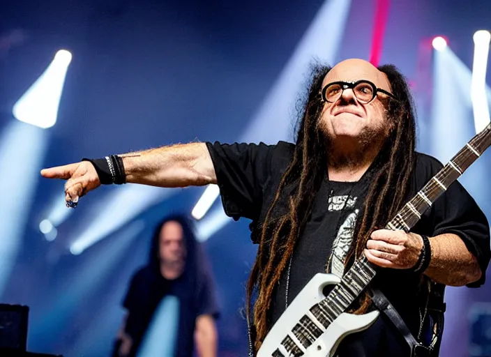 Image similar to publicity photo still of danny devito touring with korn live on stage, 8 k, live concert lighting, mid shot