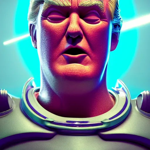 Prompt: donald trump as buzz lightyear full body detailed, ethereal, cyborg biomechanics, covered in blood diamonds and other gems glowing, highly detailed face, evil posed, evil expression, intricate, extremy detailed, beeple, cgsociety, 3 d unreal engine octane render. cinematic lighting, highly detailed 4 k art