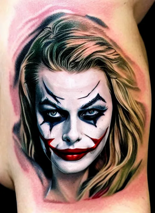 Prompt: tattoo design of margot robbie with joker makeup, ace card, in the style of den yakovlev, realistic face, black and white, realism tattoo, hyper realistic, highly detailed