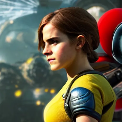 Prompt: emma watson as super mario super mario in gears of war destiny 2, splash art, movie still, cinematic lighting, dramatic, octane render, long lens, shallow depth of field, bokeh, anamorphic lens flare, 8 k, hyper detailed, 3 5 mm film grain