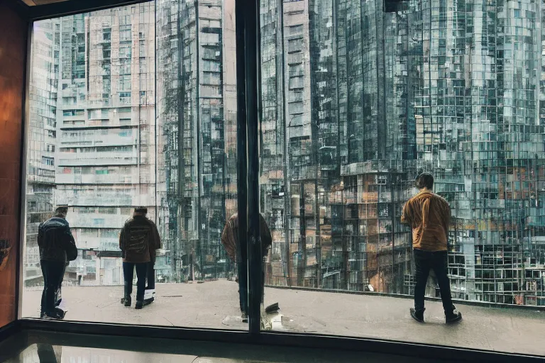 Image similar to outdoorsy guys club likes to look at the exteriors of urban architecture onion column shot by christopher doyle wong kar-wai film texture reflection through lit windows with slight drizzle trickling from them