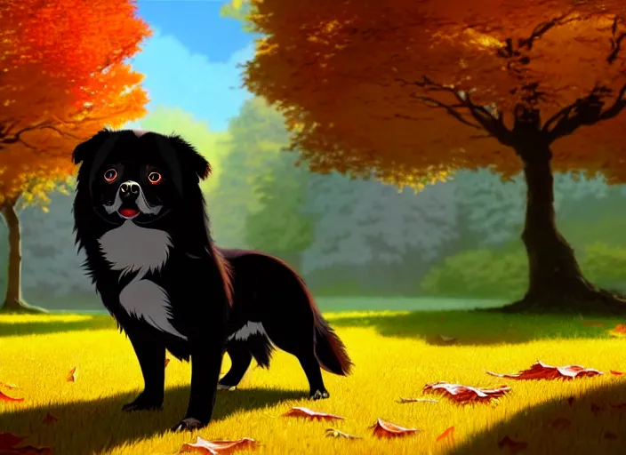 Prompt: a wholesome animation key shot of a black tibetan spaniel, autumn trees in the background, autumn leaves in the foreground, studio ghibli, pixar and disney animation, sharp, rendered in unreal engine 5, anime key art by greg rutkowski, bloom, dramatic lighting