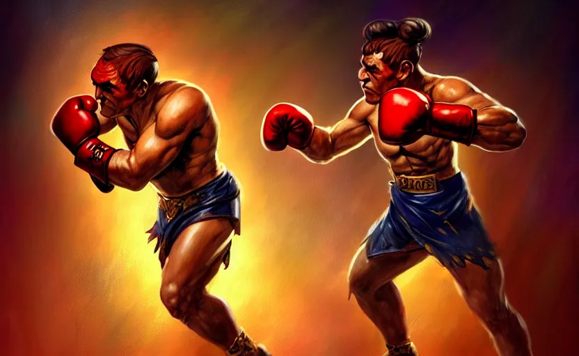 Image similar to magic : the gathering fantasy character concept art of a piece of toast wearing boxing trunks and boxing gloves, by frank frazetta and marco bucci, high resolution, gritty basement club background, dramatic stadium lighting, fantasy coloring, intricate, digital painting, artstation, smooth, sharp focus