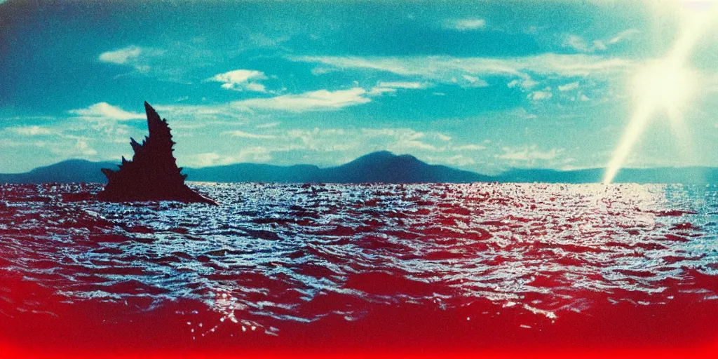 Prompt: analog polaroid photograph of godzilla in the ocean, seen from above, land visible on the horizon, drone footage, bright sun reflection in the water, lensflare, film grain, azure tones, red color bleed